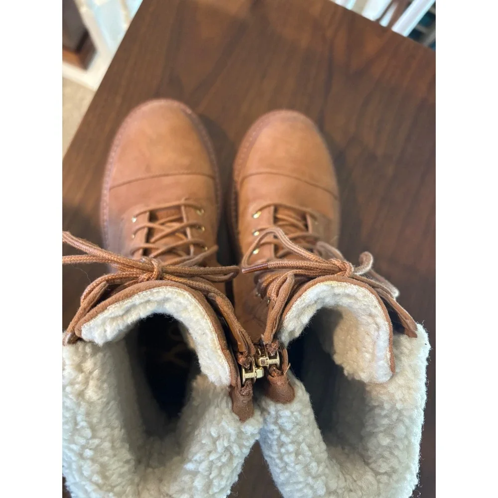 Sam Edelman Aleia Tan Suede Shearling‎ Combat Boots Lug Sole Side Zip 6.5